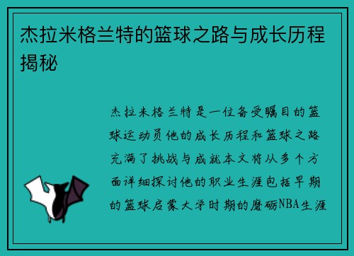 杰拉米格兰特的篮球之路与成长历程揭秘