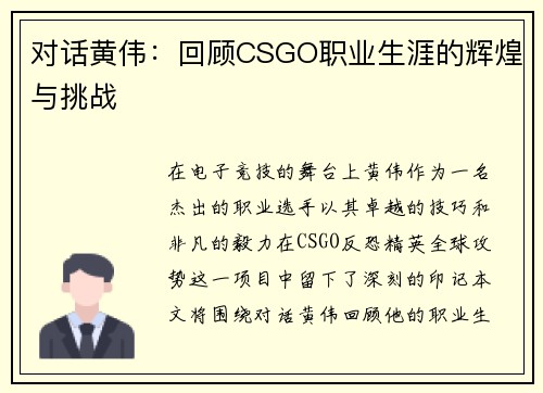 对话黄伟：回顾CSGO职业生涯的辉煌与挑战