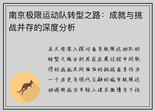 南京极限运动队转型之路：成就与挑战并存的深度分析