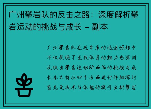 广州攀岩队的反击之路：深度解析攀岩运动的挑战与成长 - 副本