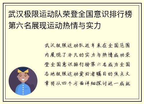 武汉极限运动队荣登全国意识排行榜第六名展现运动热情与实力